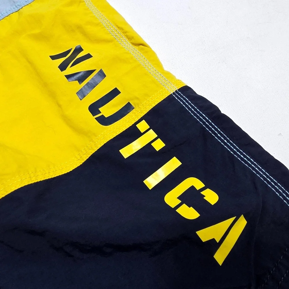 Nautica Swim Trunks Mens XL Blue Yellow Black Colorblock Logo Board Shorts